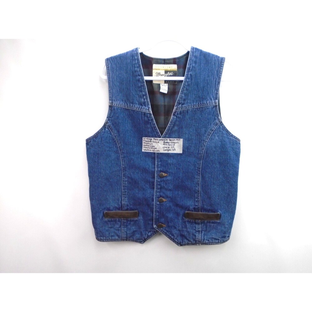 Vintage Wrangler denim vest Mens Size M leather accents flannel lining Blue